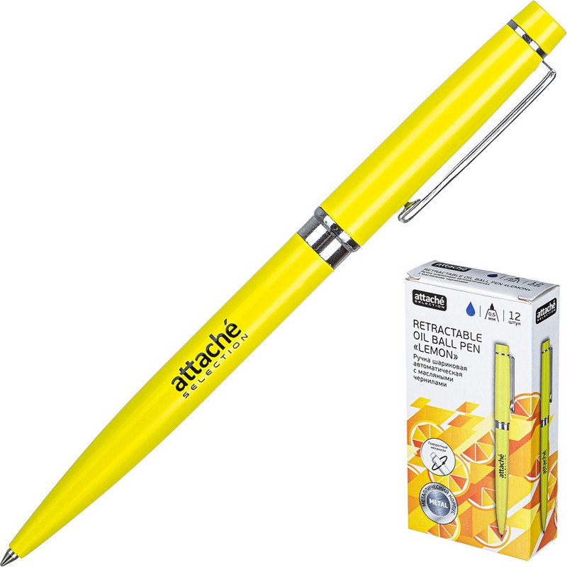 Ручка шариковая автоматическая Attache Selection Lemon синяя (желтый корпус, толщина линии 0.5 мм)