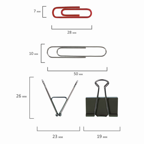Набор BRAUBERG, зажимы 19 мм/15 шт., скрепки 28 мм/145 шт. и 50 мм/50 шт., резинки 40 шт.