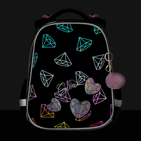 Ранец BRAUBERG LUMINOUS, 2 отделения, с брелоком, «Diamonds», СВЕТЯЩИЙСЯ РИСУНОК, 38×29х16 см