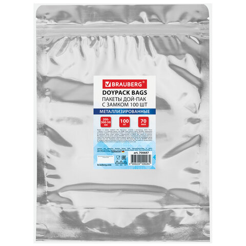 превью Пакеты дой-пак с замком ZIP LOCK, металлизированная + прозрачная стенка, 200×300 + 50 мм, КОМПЛЕКТ 100 штук, 70 мкм, BRAUBERG