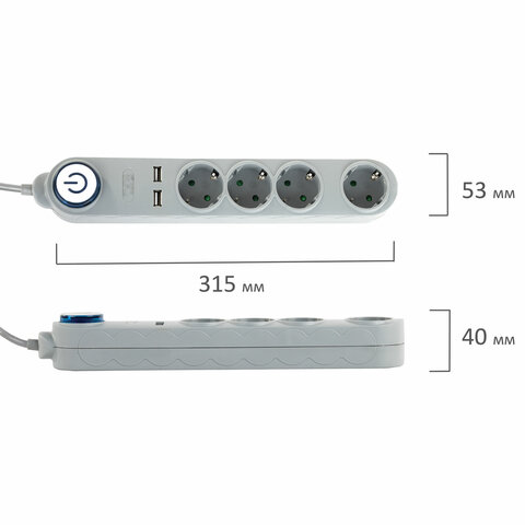 Сетевой фильтр SONNEN DX04, 4 розетки, 2 USB-порта, с заземлением, 10 А, 1.8 м, серый