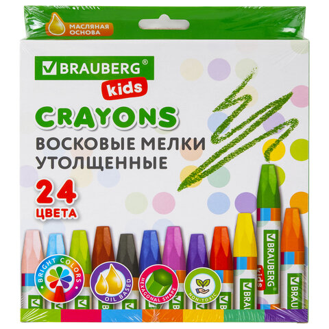 Восковые мелки утолщенные BRAUBERG KIDSНАБОР 24 цветана масляной основе271694
