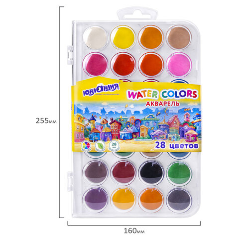 Краски акварельные ЮНЛАНДИЯ «ДОМИКИ», 28 цветов, круглые кюветы 28 мм, пенал
