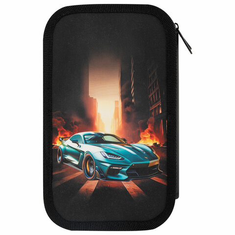 Пенал ЮНЛАНДИЯ, 3 отделения, картон с эффектом soft-touch, 19×11 см, «Fire car»