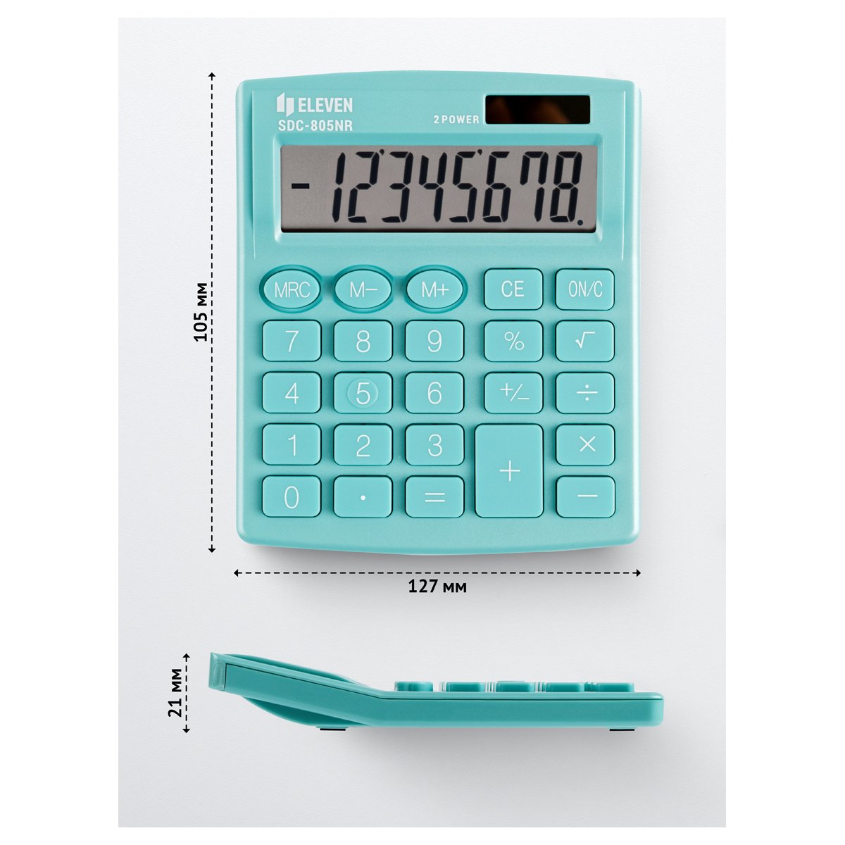 Калькулятор настольный Eleven SDC-805NR-GN, 8 разр., двойное питание, 127×105×21мм, бирюзовый