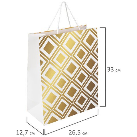 Пакет подарочный 26.5×12.7×33 см ЗОЛОТАЯ СКАЗКА «Gold Luxury», тиснение фольгой, белый