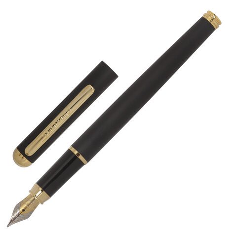 Ручка подарочная перьевая BRAUBERG Maestro, СИНЯЯ, корпус черный с золотистыми деталями, линия письма 0.25 мм