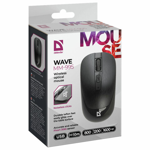 Мышь беспроводная DEFENDER Wave MM-995, USB, 3 кнопки+1 колесо-кнопка, оптическая, черная