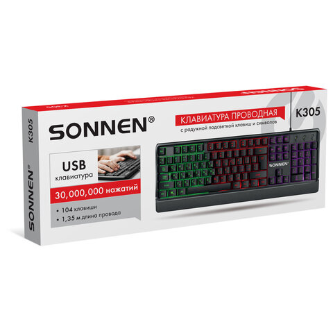 Клавиатура проводная USB, 104 клавиши, LED-подсветка, SONNEN K305, черная