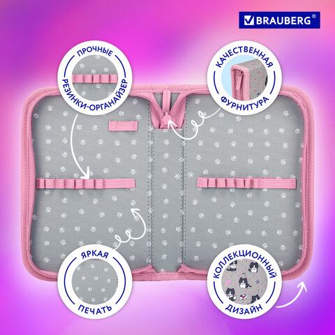 Пенал BRAUBERG, 1 отделение, полиэстер, 21×14 см, «Cat patches»