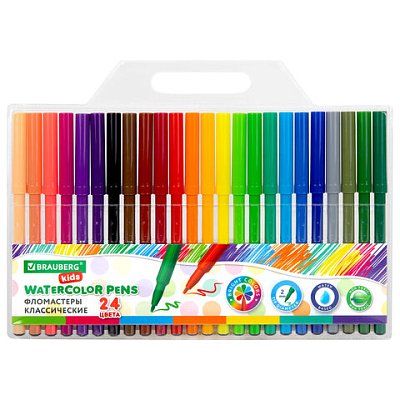 Фломастеры BRAUBERG KIDS КЛАССИЧЕСКИЕ 24 цвета, вентилируемый колпачок, ПВХ-упаковка