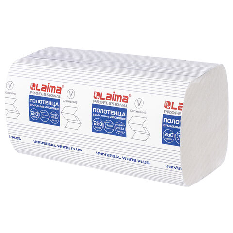 Полотенца бумажные 250 шт. LAIMA (Система H3)UNIVERSAL WHITE PLUS1-слойныебелыеКОМПЛЕКТ 15 пачек23×23V-сложение111343
