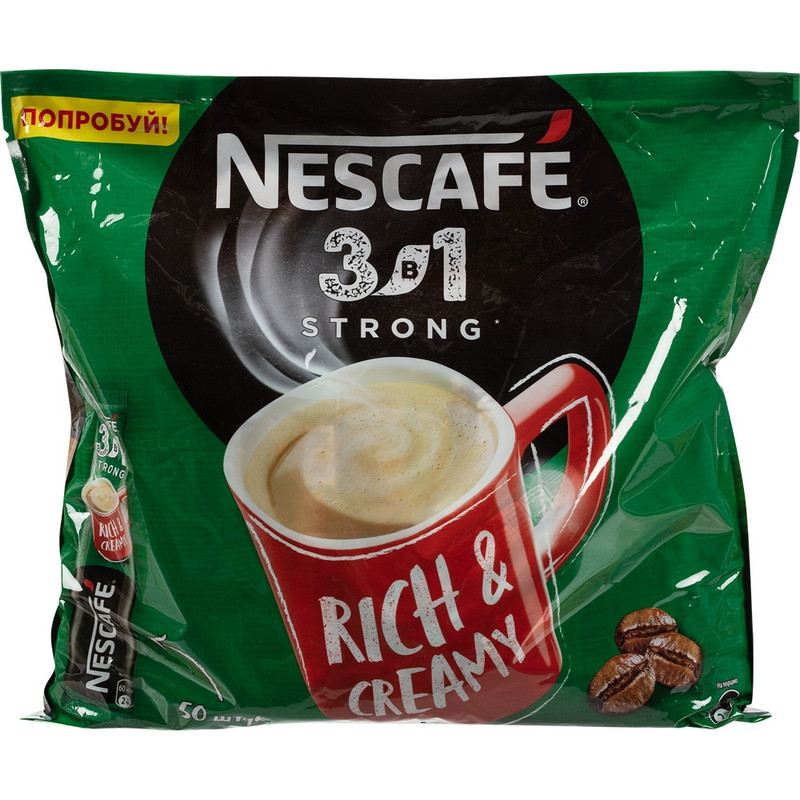 Кофе порционный растворимый Nescafe 3 в 1 Крепкий 50 пакетиков по 14.5 ...