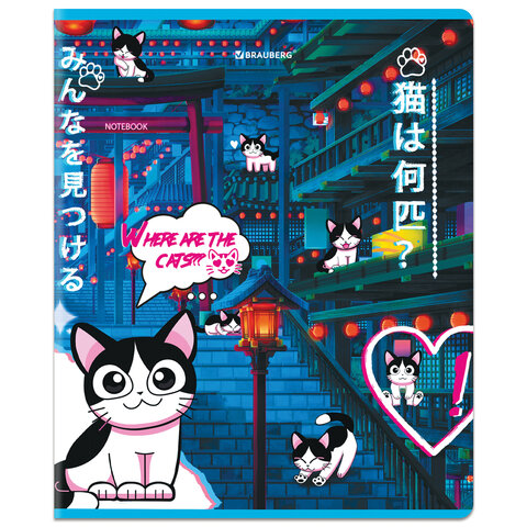 Тетради ДЭК А5 48 л. КОМПЛЕКТ 5 шт. BRAUBERGклеткаматовая ламинациялак«Аниме Кот»404671