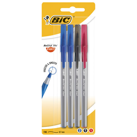 превью Ручки шариковые с грипом BIC «Round Stic Exact», НАБОР 4 шт./3 ЦВЕТА (синий, черный, красный), линия письма 0.32 мм, блистер