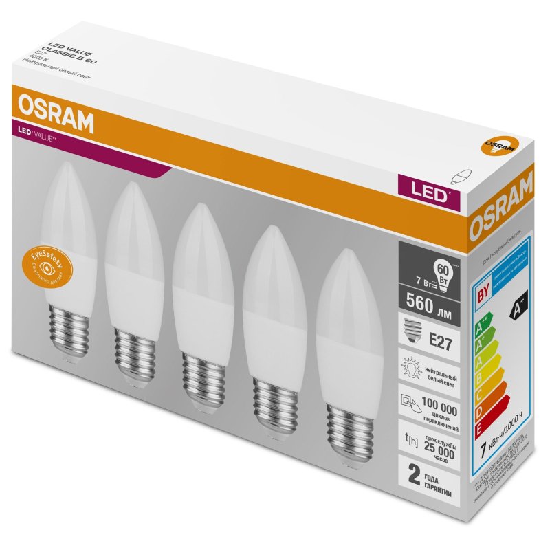 превью Лампа светодиодная Osram 7 Вт E27 свеча 4000 К нейтральный белый свет (5 штук в упаковке)