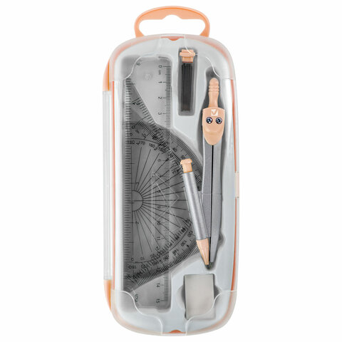 Готовальня BRAUBERG SCHOOL KIT, 9 предметов, циркуль 125 мм, чертежные принадлежности, персиковый цвет
