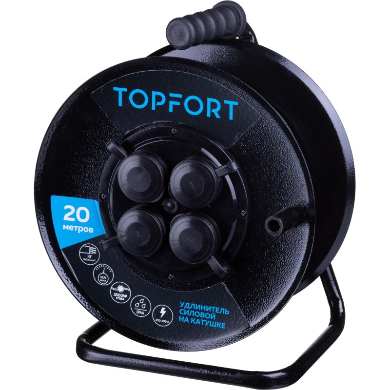 превью Удлинитель Topfort метал. КГ 3×2.5 кв. мм 20м 16А 4 гнезда с/з., с/загл., IP44