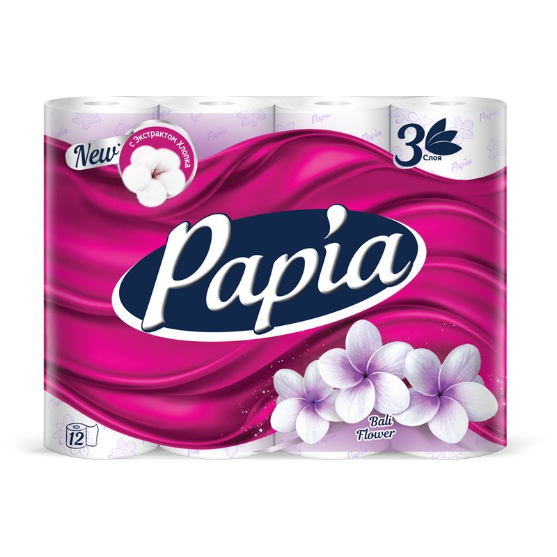Бумага туалетная Papia Балийский цветок 3-слойная белая (12 рулонов в упаковке)