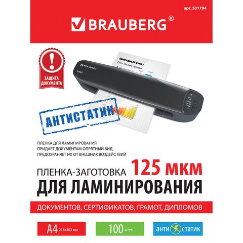 Пленки-заготовки для ламинирования АНТИСТАТИК, А4, КОМПЛЕКТ 100 шт., 125 мкм, BRAUBERG