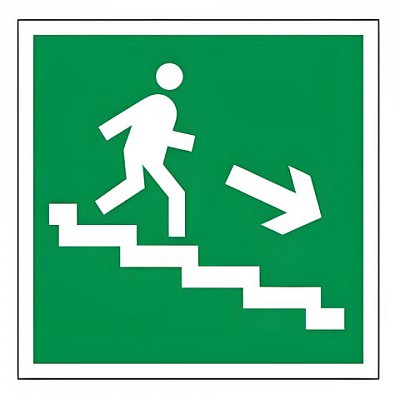 Знак эвакуационный «Направление к эвакуационному выходу по лестнице НАПРАВО вниз», квадрат 200×200мм