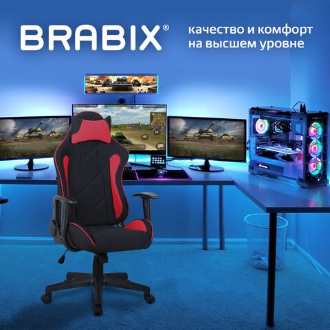 Кресло компьютерное BRABIX «GT Racer GM-101», подушка, ткань, черное/красное