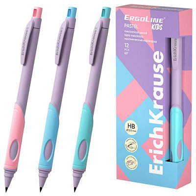 Карандаш механический 2 мм ERICH KRAUSE «ErgoLine Kids Pastel», HB, с точилкой, ассорти