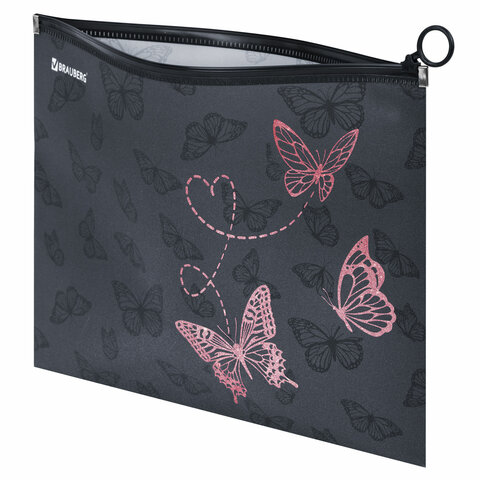 Папка для тетрадей BRAUBERG А4, 1 отделение, пластик, на zip-lock-молнии, «Neon butterflies»