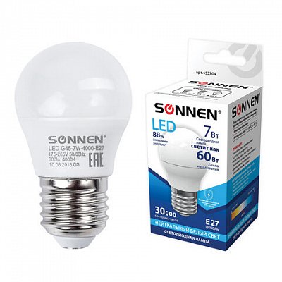 Лампа светодиодная SONNEN, 7 (60) Вт, цоколь E27, шар, холодный белый свет, LED G45-7W-4000-E27