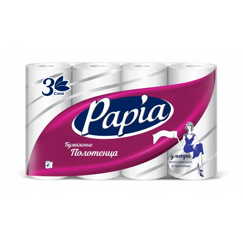 Полотенца бумажные Papia с тиснением трехслойные (4 рулона по 12.5 метра)