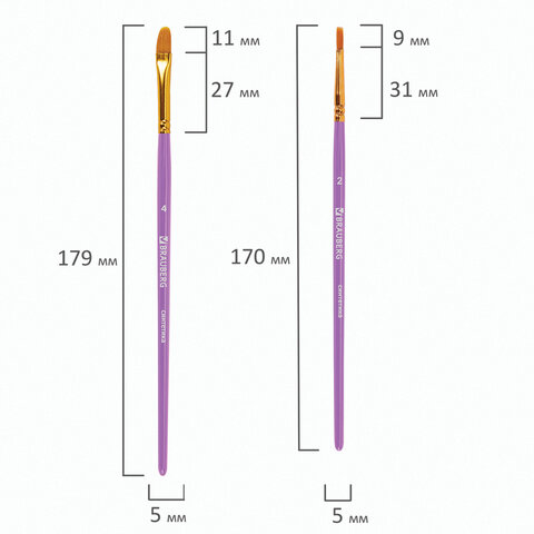 Кисти синтетика BRAUBERG, НАБОР 10 шт., фиолетовые (Круглые 2, 3, 4, 5, 8; Плоские 2, 5, 8; Лайнеры 1, 2/0)