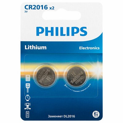 Батарейки литиевые PHILIPS Lithium CR2016, таблетки, дисковые, кнопочные, КОМПЛЕКТ 2 шт., в блистере