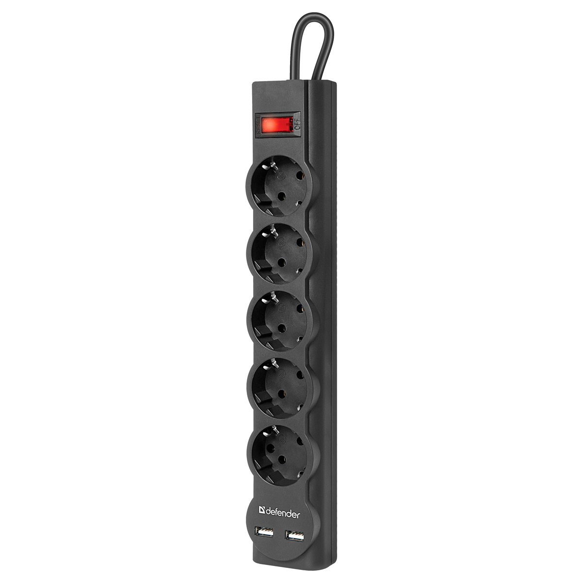 Сетевой фильтр Defender DFS 755 5 розеток 5.0м, 2xUSB, 2.1A, черный