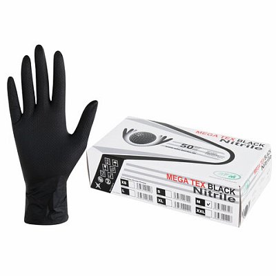 Перчатки нитриловые сверхпрочные с текстурой SFM MEGA TEX BLACK 25 пар (50 штук)размер M (средний)
