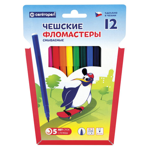 превью Фломастеры CENTROPEN, 12 цветов, «Пингвины», смываемые, вентилируемый колпачок, полибег