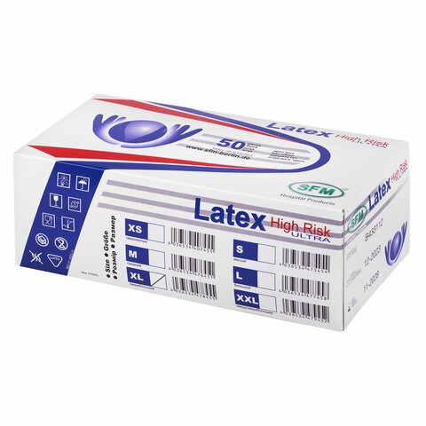 Перчатки латексные смотровыесверхпрочныеSFM HIGH RISK ULTRA25 пар (50 штук)размер XL (очень большой)