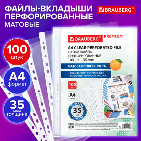 Папки-файлы перфорированные А4 BRAUBERG «PREMIUM», КОМПЛЕКТ 100 шт., матовые, 35 мкм