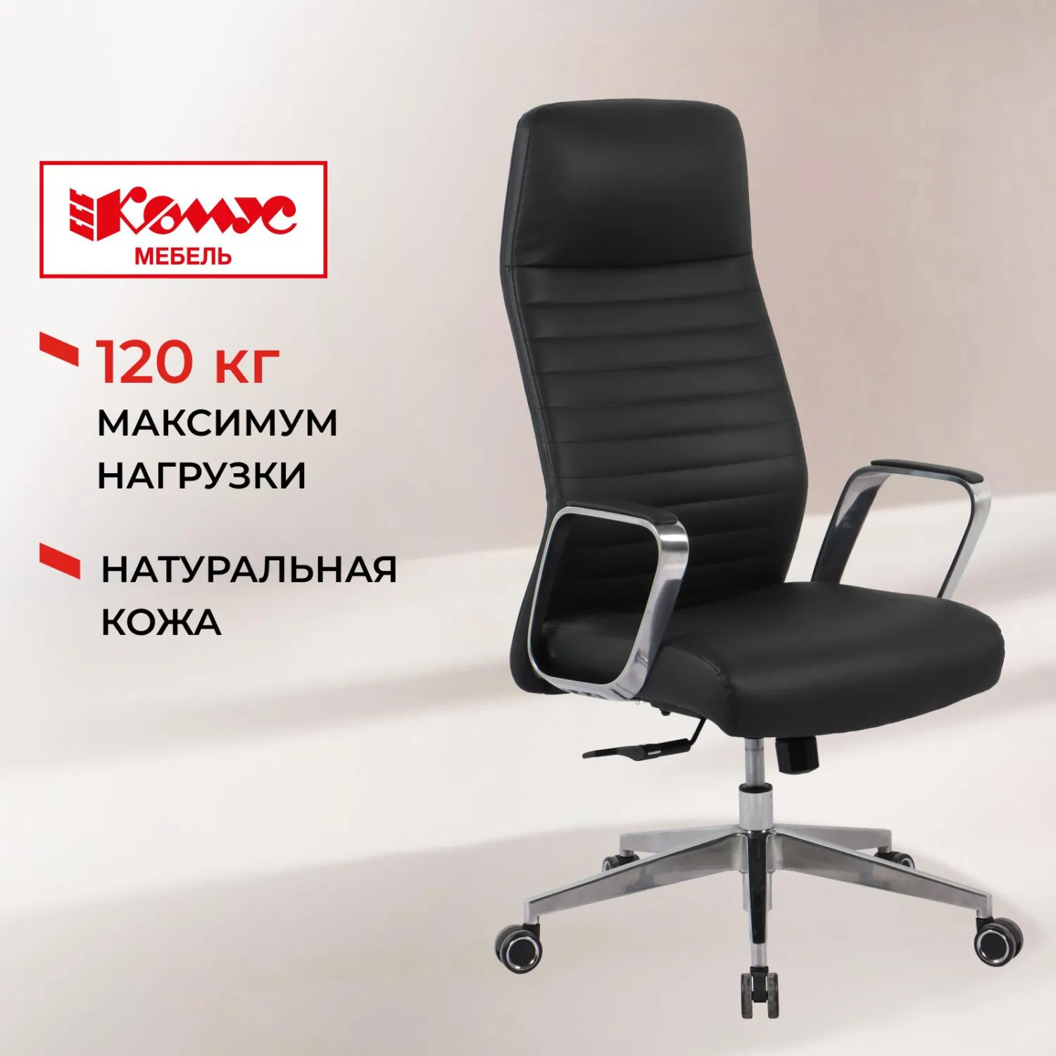 превью Кресло для руководителя Комус Мебель (Easy Chair) 505 чёрное (натуральная кожа с компаньоном, алюминий)