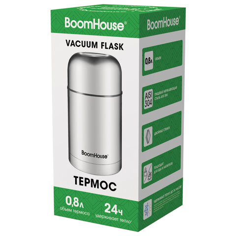 Термос 0.8 л для еды/напитков с широким горлом, BOOMHOUSE (БУМХАУС) WIDE, нержавеющая сталь SUS304, серебристый