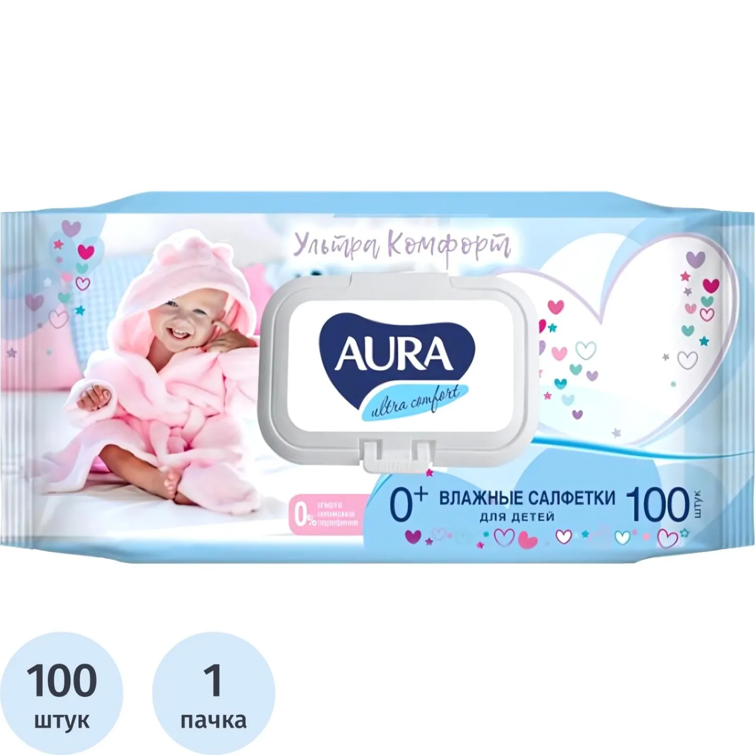 превью Салфетки влажные Aura Ultra Comfort детские флоупак с жёстким клапаном (100 листов в пачке)