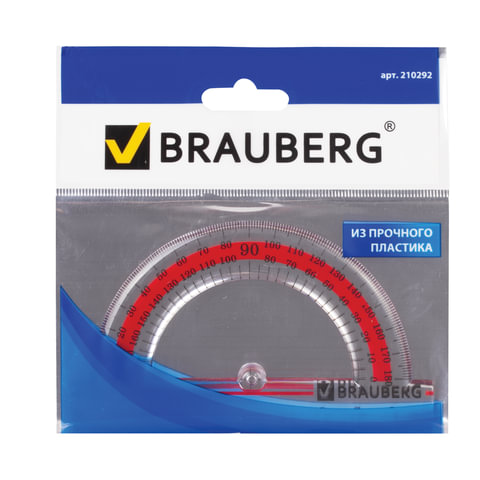 Транспортир BRAUBERG, 10 см, 180 градусов, прозрачный, с выделенной шкалой, упаковка с европодвесом