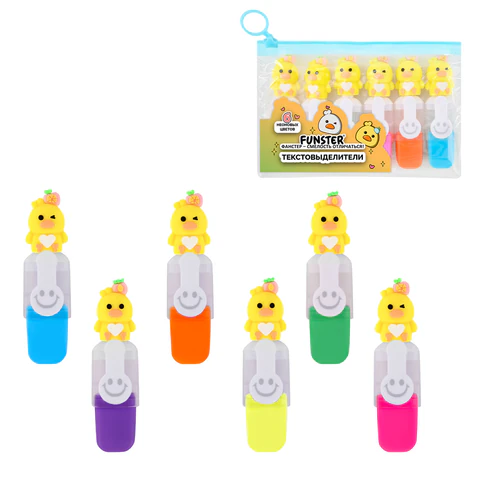 превью Набор текстовыделителей с топперами 6 ЦВЕТОВ НЕОН, «НЕЖНЫЕ ЦЫПЛЯТА», линия 1-4 мм, FUNSTER (ФАНСТЕР)