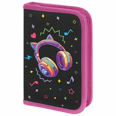 Пенал BRAUBERG с наполнением, 1 отделение, 1 откидная планка, 24 предмета, 21×14 см, «Headphones»