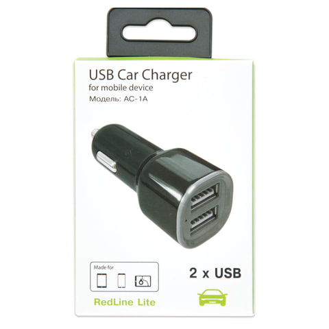 Зарядное устройство автомобильное RED LINE AC-1A, 2 порта USB, выходный ток 1А, черное