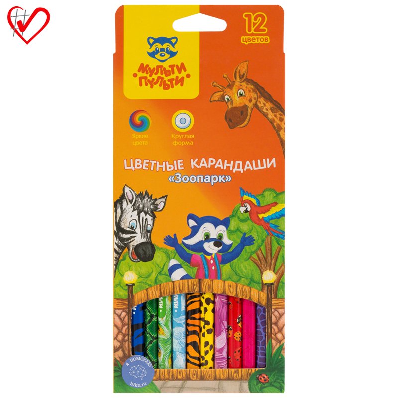 превью Карандаши цветные Мульти-Пульти «Зоопарк», 12цв., рисунок на корпусе, заточен., картон, европодвес