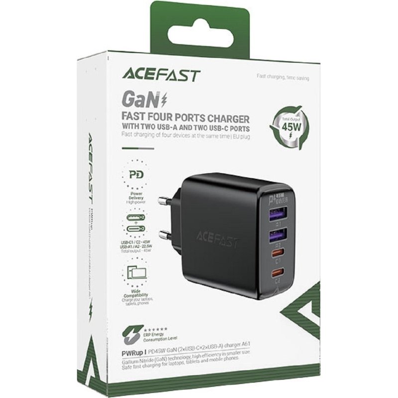 Зарядное устройство ACEFAST A61 PD45W GaN (2xUSB-C+2xUSB-A), сетевое, черный