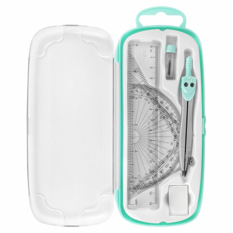 Готовальня BRAUBERG SCHOOL KIT, 8 предметов, циркуль 115 мм, чертежные принадлежности, мятный цвет