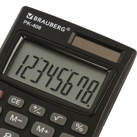 Калькулятор карманный BRAUBERG PK-408-BK (97×56 мм), 8 разрядов, двойное питание, ЧЕРНЫЙ
