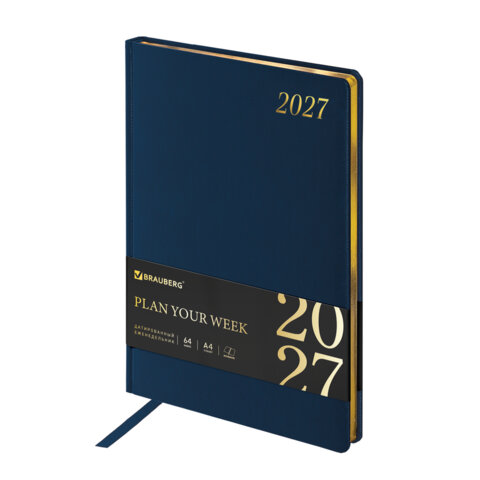 превью Еженедельник датированный 2027, БОЛЬШОЙ ФОРМАТ, 210×297 мм, А4, BRAUBERG «Iguana», под кожу, синий