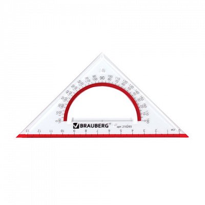 Треугольник BRAUBERG с транспортиром, 45?13 см, прозрачный, с выделенной шкалой, упаковка с европодвесом
